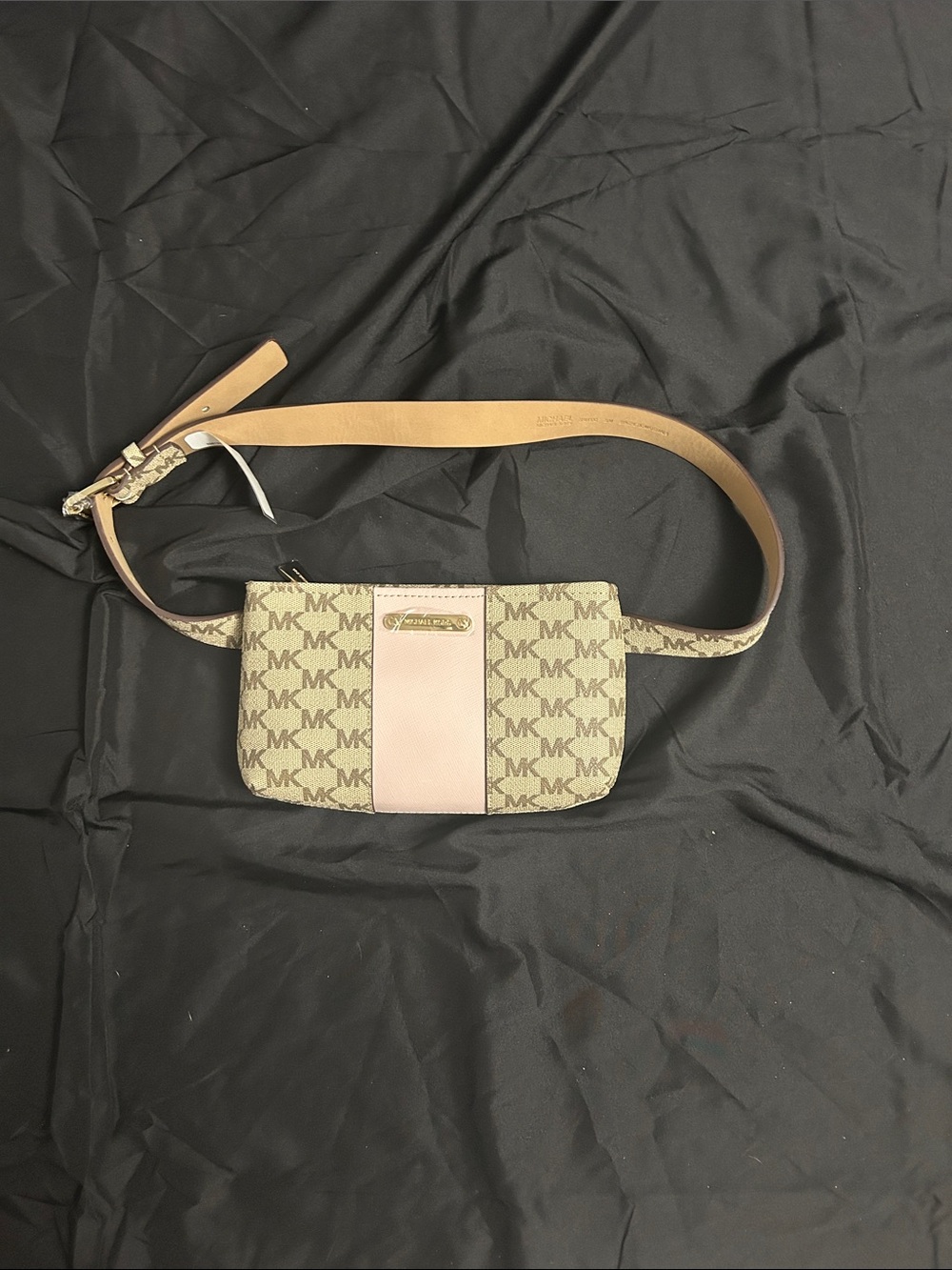 Michael Kors Beige Logo-Print Crossbody with Pink Center Panel